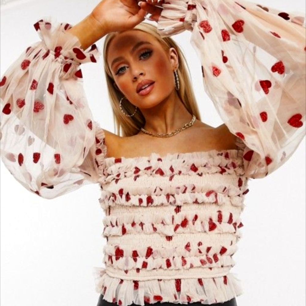 Lace & Beads Exclusive Bardot Ruffle Top With Sheer Balloon Sleeves